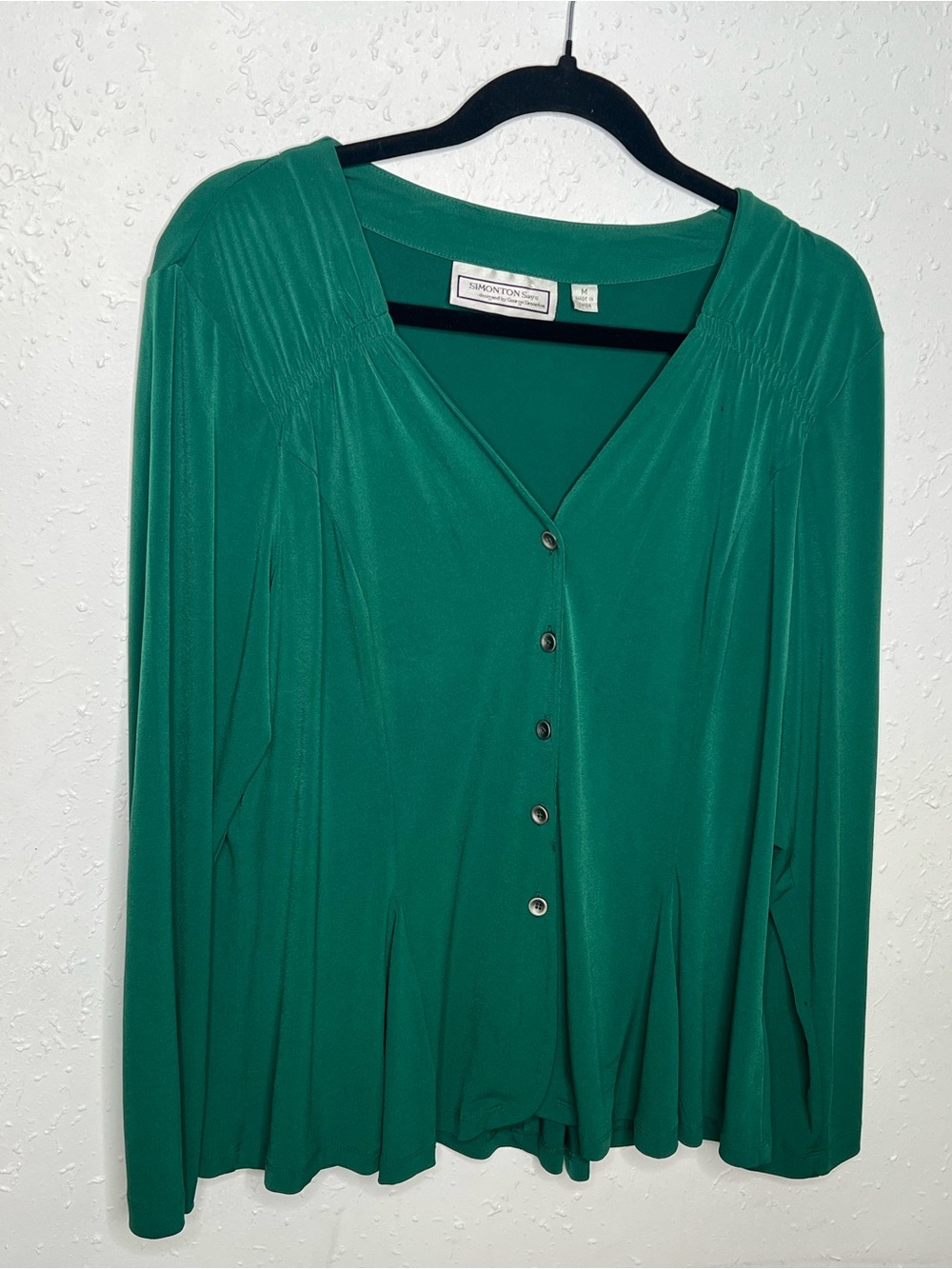 Green Button-Front V-Neck Blouse